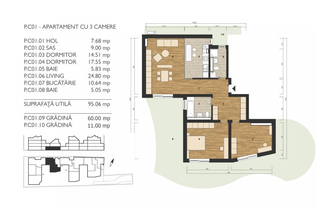 Apartament cu 3 camere, cu grădină proprie * C01 Coquette Style (M99 Residence) 