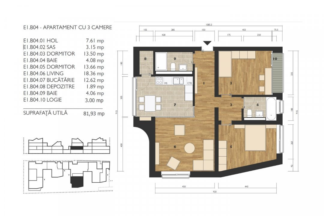 Apartament cu 3 camere, cu balcon tip logie * B04 Coquette Style (M99 Residence)