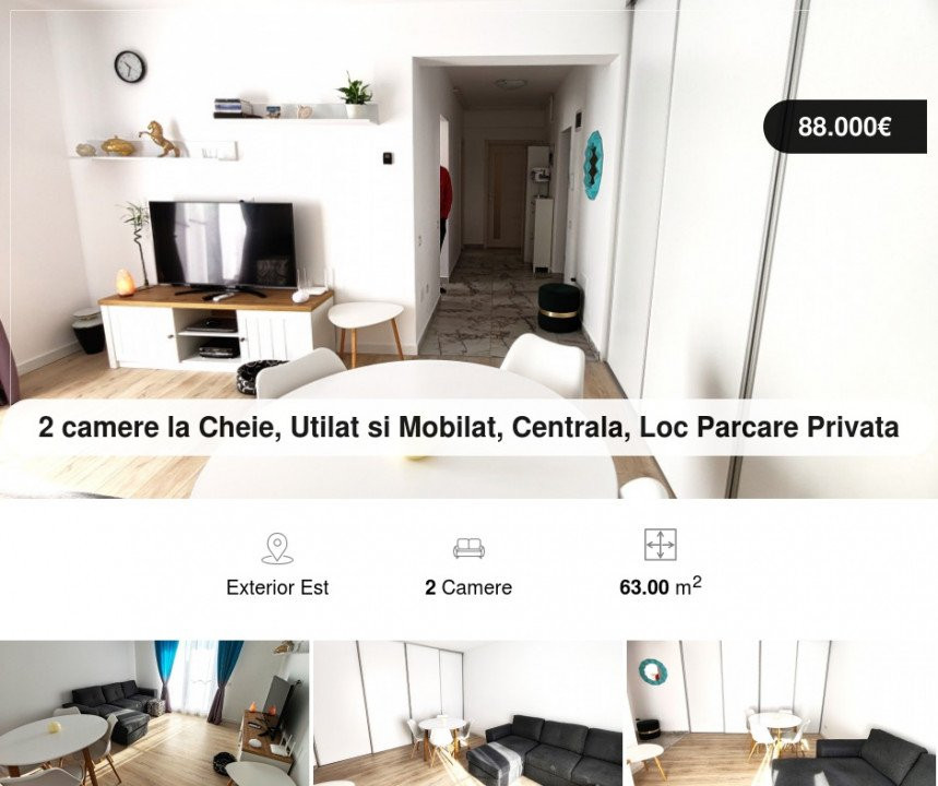 2 camere la Cheie, Utilat si Mobilat, Centrala, Loc Parcare Privata